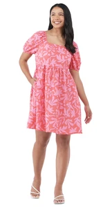 Time And Tru Puff Sleeve Mini Dress  Coral Silk Side Pockets Size M8-10 NWT - Picture 1 of 11