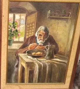 French Oil Painting Vintage Framed Signed Sad Old Man Nails In Frame No... - Picture 1 of 10