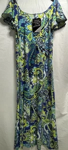 Maxi Vestido Attitudes by Renee Hombro Descubierto Azul Verde Estampado Paisley L XL NALCN - Imagen 1 de 13