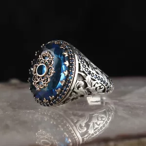Türkische Handgemacht Osmanisch 925K Sterlingsilber Saphir Herren Ringgröße 6-10 - Bild 1 von 1