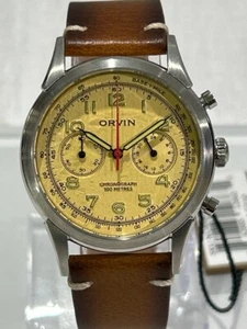 Orvin Chronograph 100m | Gold Dial, Leather Strap | Field Watch (NJL028988) - Picture 1 of 11