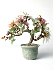 Vintage Jade Bonsai Tree Japanese Oriental Blossom Jadeite Quartz Celadon Pot - Picture 1 of 13
