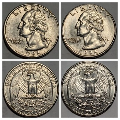 2-1996 P Washington Quarter Errors 2 Spiked Head 2 Spiked Eagle Int Die Breaks - Image 1 of 4