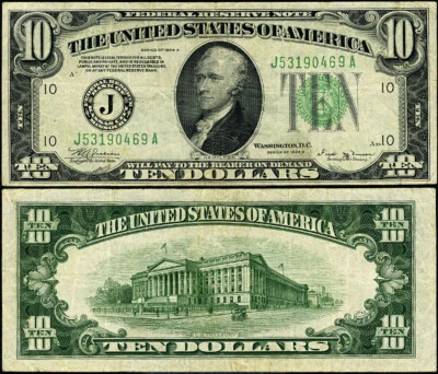 FR. 2007 J $10 1934-B Federal Reserve Note Kansas City J-A Block VF+ - Image 1 of 3