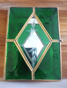 Stained Glass Emerald Green Diamond Floral Etched Gold Trinket Jewelry 6"x4" - Bild 1 von 5