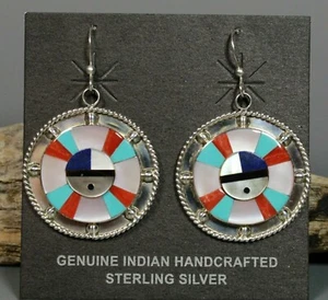 Zuni Inlay turquoise Coral Dangle EARRINGS lapis Sun face Leavus Ahiyite - Picture 1 of 6