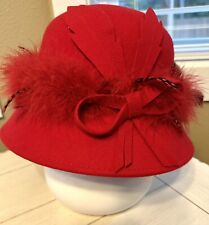 Something Special Red/Cherry Vintage Feathered Cloche Wool Felt Women’s Hat VTG