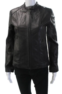 Chaqueta de motocicleta Cole Haan de cuero genuino negra para mujer talla XS Foto 1 de 4