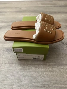 Tory Burch Damen Double T Leder Sport Pantoletten Sandalen Miele/Gold 10 - Bild 1 von 6