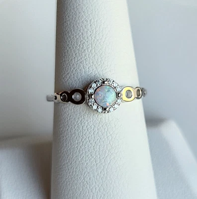 925 Sterling Silver Natural White 4mm Opal Sapphire Halo Size 9 Ring Gemstone - Image 1 of 4