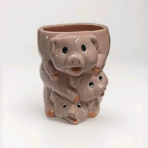 Vintage Papel Stapel von 3 rosa Schweinen Kaffeebecher 3D mit Zopf Griff 14oz - Bild 1 von 8