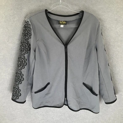 Blazer Bob Mackie Mujer Talla L Gris Encaje Usable Arte Cremallera Frontal Chaqueta Artística Foto 1 de 4