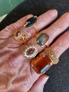 VINTAGE ALL AVON FAUX TOPAZ HEMATITE RUBY PEARL BLACK ONYX GLASS RING LOT MIX SZ - Picture 1 of 18