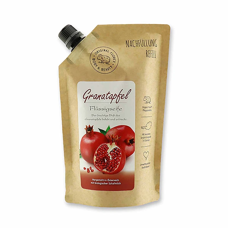 Flüssigseife mit biologischer Schafmilch 500ml im Nachfüll-Beutel, Granatapfel - Bild 1 von 1