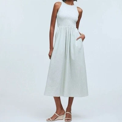 Madewell Women's XS Melody Pistachio Striped Smocked Midi Dress Sleeveless - Image 1 of 4
