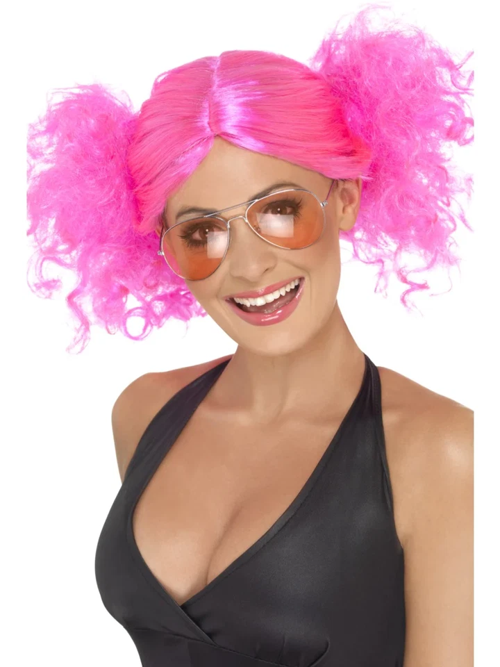 1980s Bunchees Perücke Damen Rosa Locken Erwachsene Kostüm 80s Neon Aerobic Wi - Bild 1 von 1