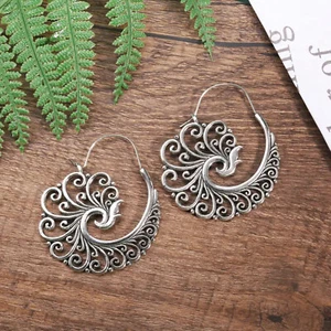 Oversize Scroll Peacock Hoop Dangle Earrings Silver - Picture 1 of 8