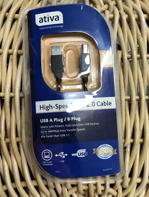 Ativa USB 2.0 High Speed A Male to B Male Printer  Device Cable 3 Ft Black Cord - Image 1 of 4