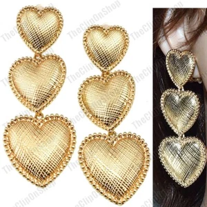 CLIP ON 3"big TEXTURED HEARTS EARRINGS triple heart GOLD PLATED retro vintage - Picture 1 of 8