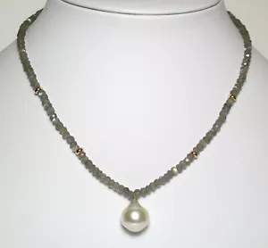 13x15mm AAA baroque South Sea pearl, labradorite & 9ct gold necklace - Picture 1 of 4