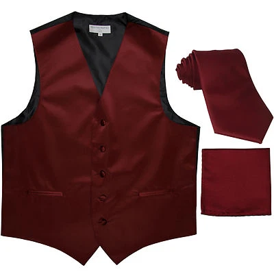 New Men's Burgundy  formal vest Tuxedo Waistcoat_necktie & hankie set wedding  - Image 1 of 4