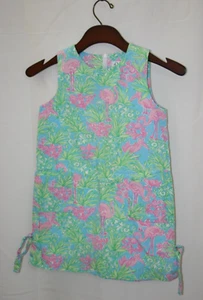 Lilly Pulitzer Girls Green Pink Flamingo Pattern Classic Shift Dress VNTG Size 6 - Picture 1 of 9
