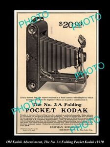 OLD 8x6 HISTORIC KODAK CAMERA ADVERTISMENT THE 3a FOLDING POCKET CAMERA 1910
