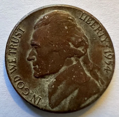 1954 S 5c Jefferson Nickel Struck on Cent Planchet VG Cover