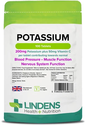 Lindens Potassium 200mg (100 Tablets) supports normal blood pressure - UK Made - Image 1 of 4