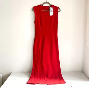 NWT Zara Red Square Neck Sleeveless Stretch Midi Dress M - Picture 1 of 7