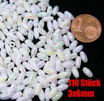 Wachsperlen 110 Stück Perlen Wachsperlen oval Olivenperlen weiß iris 6x3mm - Bild 1 von 3