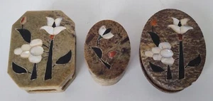 3x Vintage Natur Stein Dose Deckeldose Schmuckdose Glockenblume Perlmutteinlage - Bild 1 von 9
