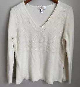 VTG Talbots Lambswool Angora Blend Beaded Ivory Floral Embellished Sweater XL - Picture 1 of 8