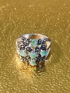 NEW REAL EMERALD-MARCASITE STERLING SILVER RHODIUM PLATED RING SIZE 6/TCW 32