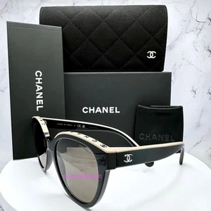 New CHANEL Sunglasses Black Beige Top Frame Logo Interlocking CC Authentic Italy - Picture 1 of 17