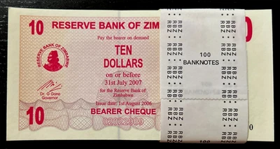 Zimbabwe 10 DOLLARS P-39 2006 x 100 Lot BUNDLE Bearer Cheque UNC Zimbabwean NOTE - Image 1 of 4