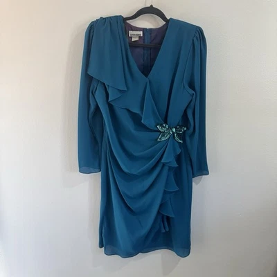 Vintage 80s After Dark Dress XL Long Sleeve Chiffon Drape Ruched Sequin Blue - Image 1 of 4