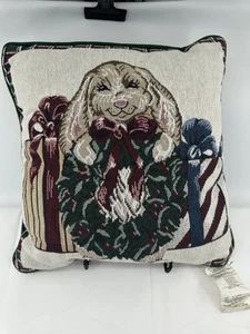 Portifino Tapestry Throw Pillow Christmas Bunny With Wreath Holiday Decor - Picture 1 of 7