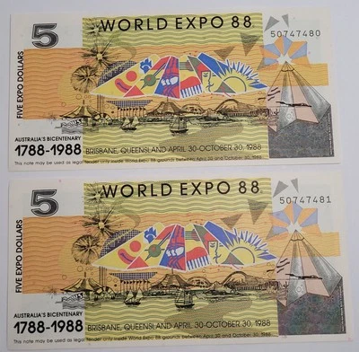(2) Australia 1988 World Expo $5 Notes Bicentenary Serial No. 50747480/50747481 - Image 1 of 4