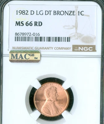 1982 D LARGE DATE BRONZE LINCOLN CENT MS66 RD MAC SPOTLESS CHERRY RED . - Image 1 of 2