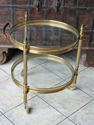 round serving trolley on wheels brass glass tea trolley vintage bar cart 50s 60s - Image 1 of 4