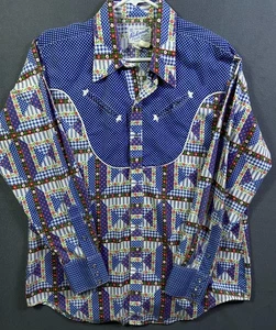 Camicia Vintage Rockmount Uomo 17-35 Blu Perla Snap Western Cowboy Ranch Made in USA - Foto 1 di 15