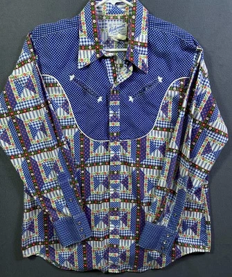 Vintage Rockmount Shirt Mens 17-35 Blue Pearl Snap Western Cowboy Ranch USA Made - Image 1 of 4