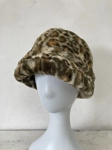 Vintage Faux Fur Hat Beanie Leopard Animal Print 80s Womens 57cm Mod - Picture 1 of 6