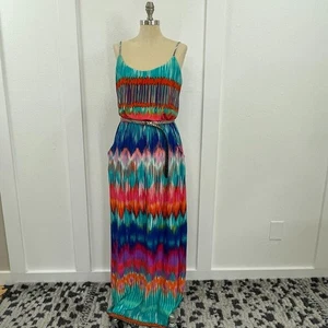 BISOU BISOU Sundress Women's Size 12 Multicolor Maxi Dress Island Striped Art - Picture 1 of 11