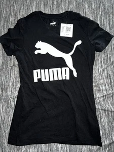 Puma Classics Logo Infill Crew Neck Short Sleeve T-Shirt Womens Black Casual Top - Picture 1 of 3