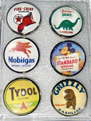 Set of 6 Handmade Glass Dome Vintage Gas & Oil  (6 different) Picture Buttons #1 - Image 1 of 4