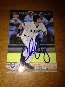 CHRIS OKEY Reds Signed 2015 Panini USA Baseball Game Action Card AUTO Autograph