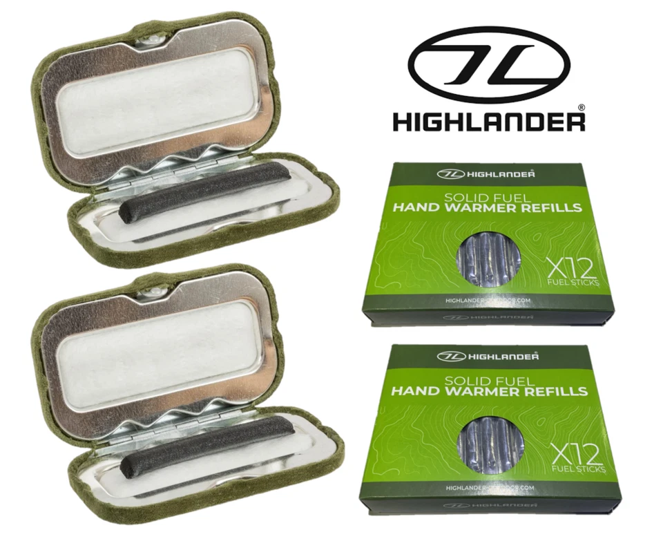Highlander Solid Fuel Hand warmer x 2 +24 Charcoal Stick Refills Pocket CS050 - Image 1 of 4