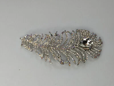 Large Clear Rhinestone Feather Double Pin Brooch Jointed Statement Sparkle - Image 1 of 4